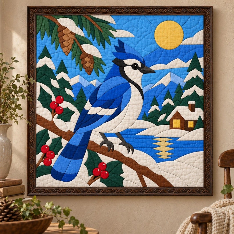 Blue Jay Quilt Pattern, Applique & Collage Quilt, Winter Bird Quilt Pattern PDF, Patchwork Wall Hanging, Folk Art Quilt Template image 1