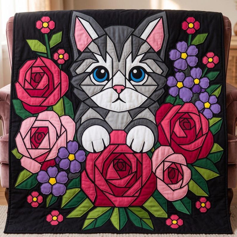 Cat with Roses Quilt Pattern, Cat Wall Hanging Quilt Pattern PDF, Floral Applique Quilt Pattern, Raw Edge Fusible Applique image 4