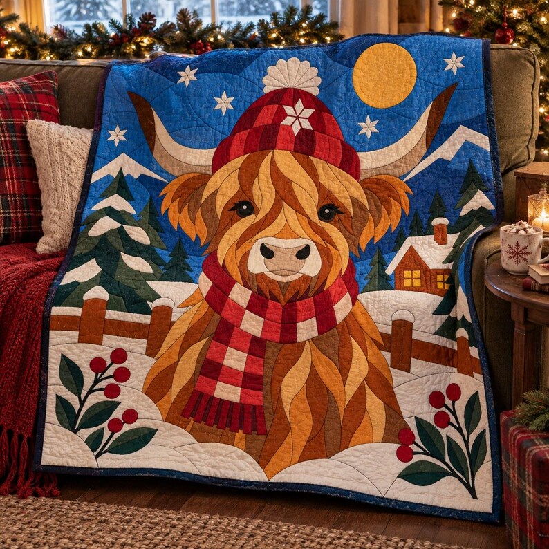 Modello per trapunta natalizia con mucca delle Highlands, trapunta con applicazioni e collage, modello PDF per trapunta con animali, arazzo patchwork, arte popolare immagine 8