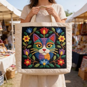Cat Quilt Pattern, Floral Cat Wall Hanging Quilt Pattern PDF, Easy Applique Quilt for Beginners, Cat Lover Gift, Raw Edge Fusible Applique image 7