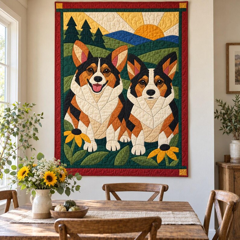 Corgi Pair Quilt Pattern, Applique & Collage Dog Quilt, Animal Quilt Pattern PDF, Patchwork Wall Hanging, Folk Art Quilt Template image 6