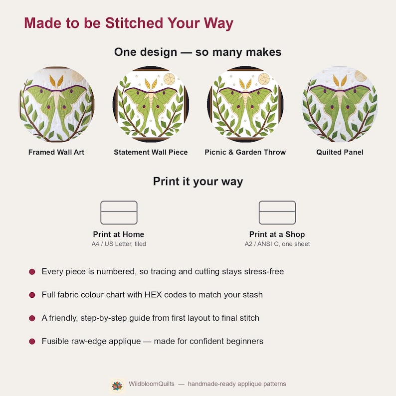 Luna Moth Quilt Pattern, Moth Wall Hanging Quilt Pattern PDF, Applique Quilt Pattern, Raw Edge Fusible Applique image 13