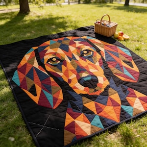 May include: A square black quilt featuring a large, geometric, multi-coloured dog portrait composed of triangular patches in shades of orange, red, blue, and yellow. The quilt has a quilted texture and is displayed on a grassy surface with a small basket.