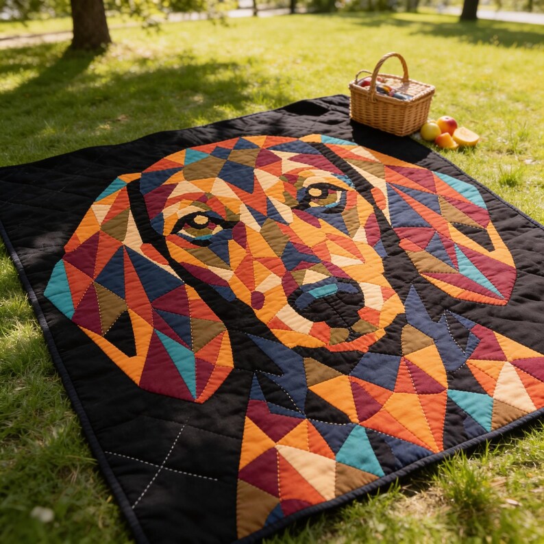 May include: A square black quilt featuring a large, geometric, multi-coloured dog portrait composed of triangular patches in shades of orange, red, blue, and yellow. The quilt has a quilted texture and is displayed on a grassy surface with a small basket.