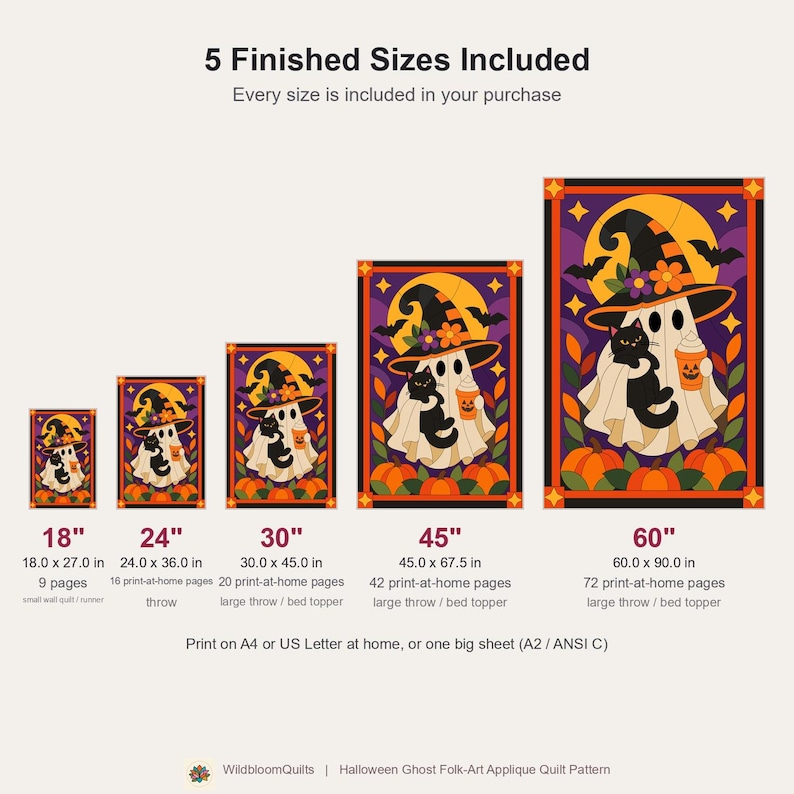 Halloween Ghost Quilt Pattern, Applique & Collage Quilt, Black Cat Quilt Pattern PDF, Patchwork Wall Hanging, Witch Hat Pumpkin Template image 3