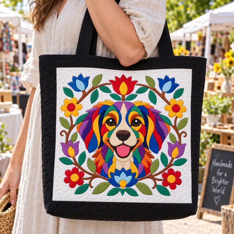 Patrón de edredón Perro Arcoíris, Edredón con apliques y collage, Patrón de edredón de animales en PDF, Tapiz de pared de patchwork, Plantilla de perro de arte popular imagen 4