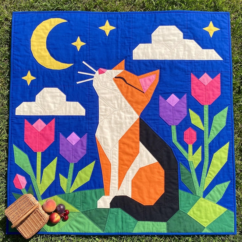 Cat Quilt Pattern, Cat Wall Hanging Quilt Pattern PDF, Easy Applique Quilt for Beginners, Folk Art Cat Lover Gift, Raw Edge Fusible Applique image 10