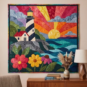 Lighthouse Sunrise Quilt Pattern, Raw Edge Fusible Applique PDF, Coastal Quilt Pattern, Patchwork Wall Hanging, Folk Art Quilt Template image 11