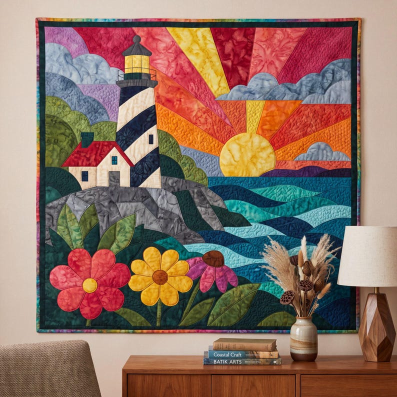 Lighthouse Sunrise Quilt Pattern, Raw Edge Fusible Applique PDF, Coastal Quilt Pattern, Patchwork Wall Hanging, Folk Art Quilt Template image 11