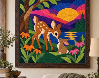 Patrón de colcha de cervatillo y conejito, PDF de colcha con apliques de vidrieras, colcha infantil de ciervo y conejo, tapiz de pared de puesta de sol en el bosque, colcha de arte popular