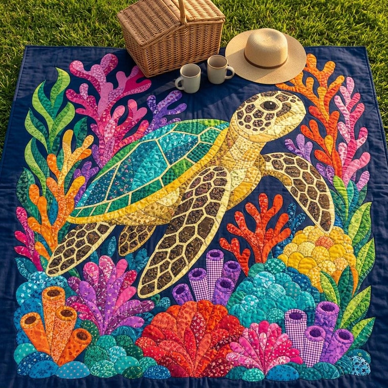Quiltmuster Meeresschildkröten, PDF-Vorlage für Applikationen mit offenen Kanten, Quiltmuster Meerestiere, Wandbehang Korallenriff, Patchwork-Vorlage im Stil der Volkskunst Bild 11