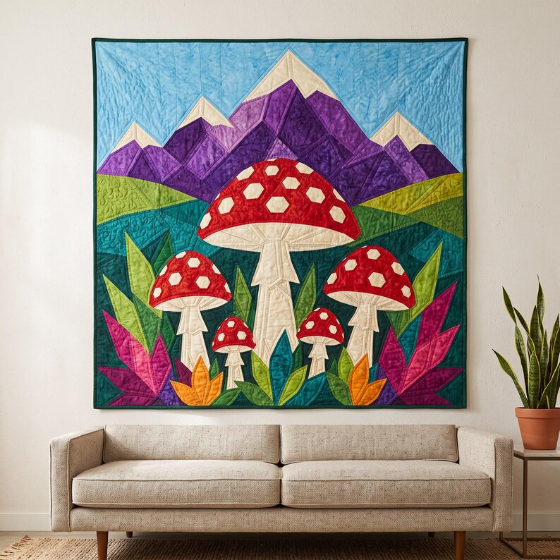Mushroom Mountain Quilt Pattern, Raw Edge Fusible Applique, Toadstool Quilt Pattern PDF, Patchwork Wall Hanging, Folk Art Quilt Template image 16