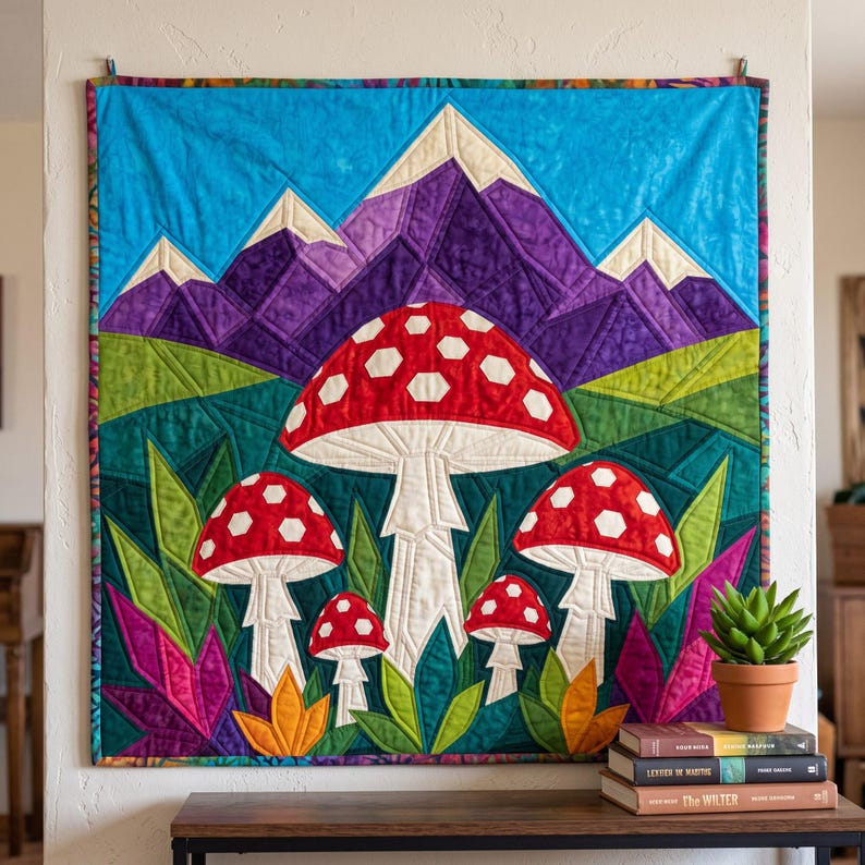 Mushroom Mountain Quilt Pattern, Raw Edge Fusible Applique, Toadstool Quilt Pattern PDF, Patchwork Wall Hanging, Folk Art Quilt Template image 14