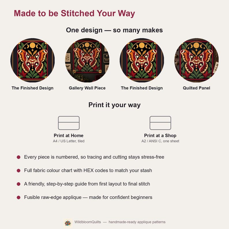 Atlas Moth Quilt Pattern, Applique & Collage Quilt PDF, Moon Phase Quilt Pattern, Folk Art Wall Hanging, Botanical Patchwork Template image 14