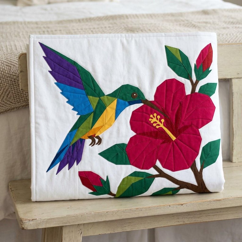 Hummingbird Quilt Pattern, Raw Edge Fusible Applique PDF, Tropical Bird Quilt Pattern, Hibiscus Patchwork Wall Hanging image 11