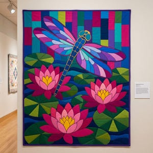Dragonfly Waterlily Quilt Pattern, Raw Edge Fusible Applique PDF, Pond Folk Art Quilt Template, Patchwork Wall Hanging, Animal Quilt Pattern image 2