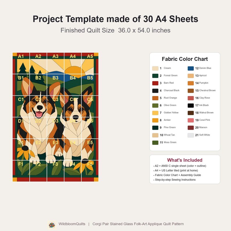 Corgi Pair Quilt Pattern, Applique & Collage Dog Quilt, Animal Quilt Pattern PDF, Patchwork Wall Hanging, Folk Art Quilt Template image 16