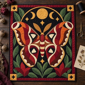 Atlas Moth Quilt Pattern, Applique & Collage Quilt PDF, Moon Phase Quilt Pattern, Folk Art Wall Hanging, Botanical Patchwork Template image 8