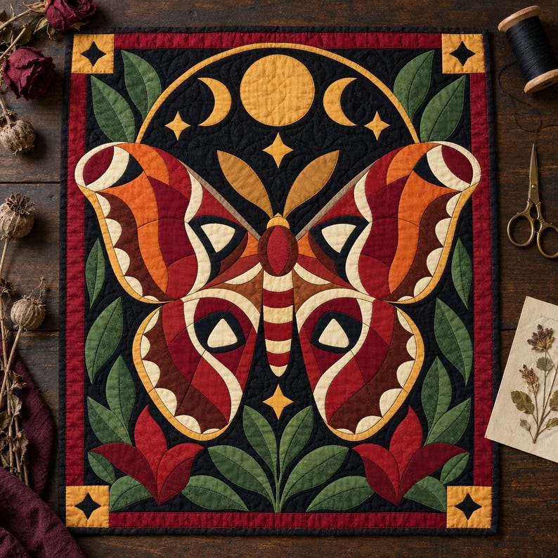 Atlas Moth Quilt Pattern, Applique & Collage Quilt PDF, Moon Phase Quilt Pattern, Folk Art Wall Hanging, Botanical Patchwork Template image 8