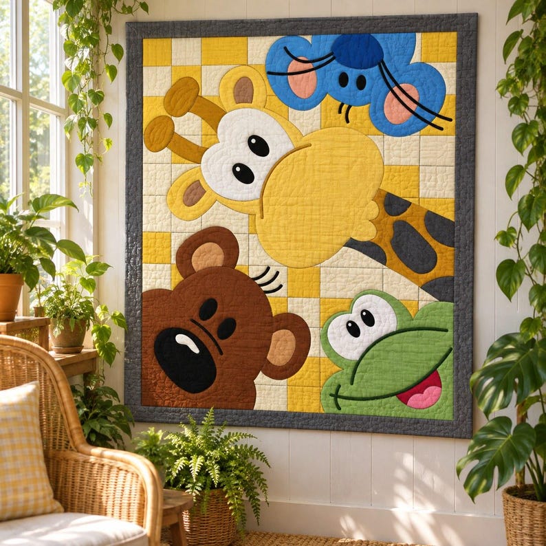 Mönster för quilt med kikande djurungar, applikations- och collagequilt i PDF-format, mönster för barnquilt med djurmotiv, väggbonad med lapptäcke för barnrum, quilt med folkkonst bild 7