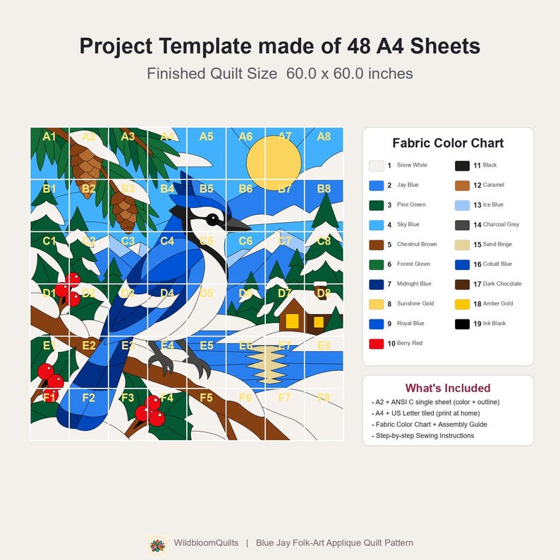 Blue Jay Quilt Pattern, Applique & Collage Quilt, Winter Bird Quilt Pattern PDF, Patchwork Wall Hanging, Folk Art Quilt Template image 16
