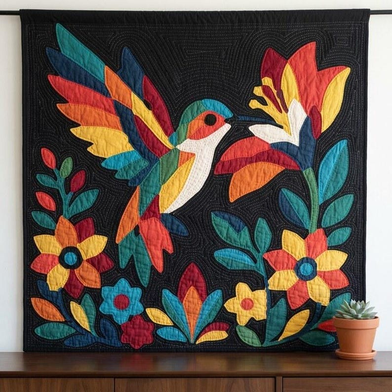 Patrón de colcha de colibrí, patrón de colcha de pared de pájaros en PDF, colcha de apliques para principiantes, aplique termoadhesivo con borde sin rematar imagen 6