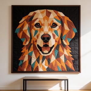 May include: A square wall hanging featuring a geometric, mosaic-style portrait of a golden retriever dog. The dog is constructed from various triangular fabric patches in shades of orange, tan, cream, teal, and brown, set against a black background.