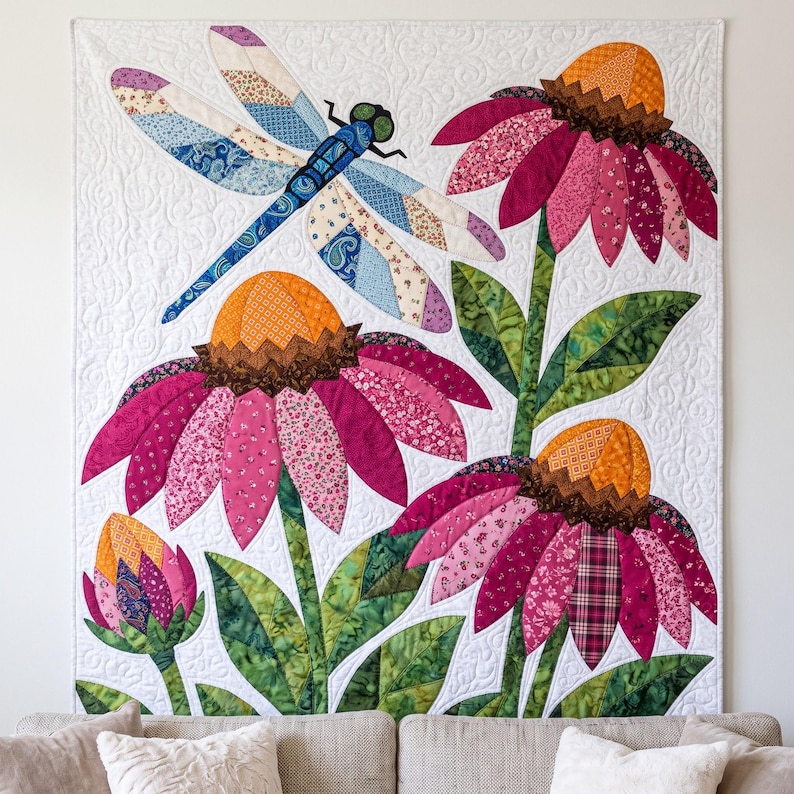 Mönster med trollslända- och solhattblommigt quiltmönster, applikations- och collagequilt i PDF-format, quiltmönster med blommigt djurmönster, applikation med råa kanter och smältbara mönster bild 10