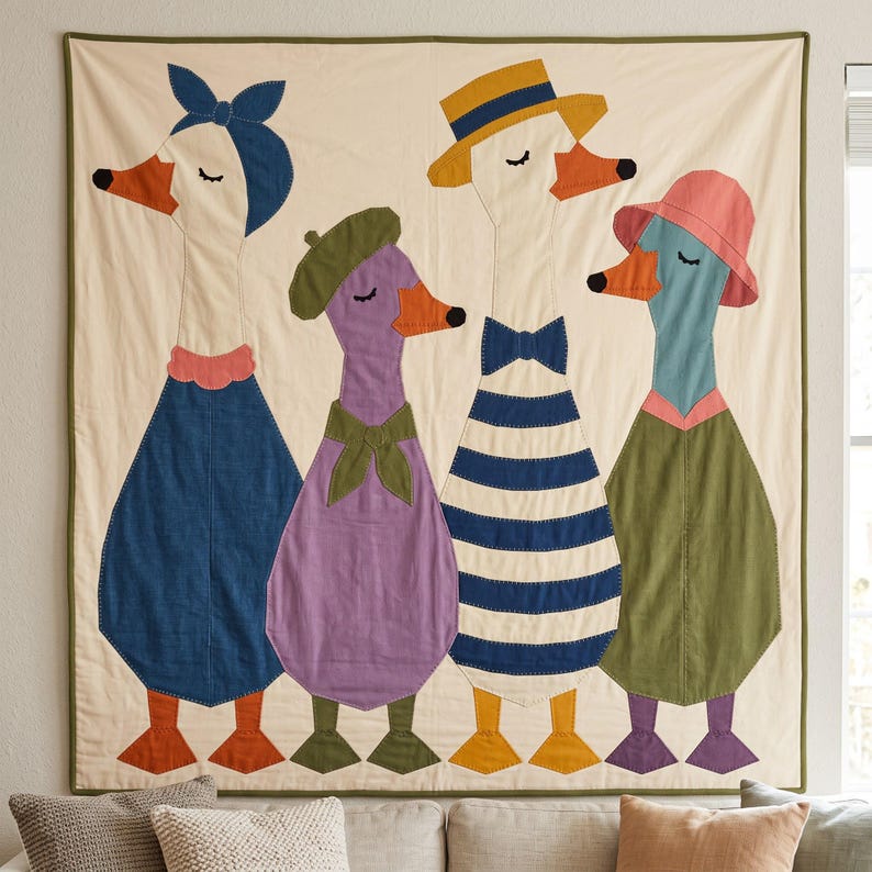 Dressed Geese Quilt Pattern, 2 Designs & 5 Sizes up to 60in, Raw Edge Fusible Applique, Animal Quilt Pattern PDF, Folk Art Geese Bed Quilt image 19