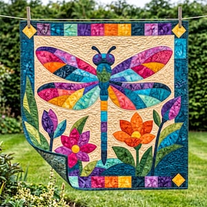 Mönster för trollslända-quilt, applikation med smältbara kanter, quiltmönster i PDF-format, väggbonad med lapptäcke, mall för quilt med folkkonst bild 8