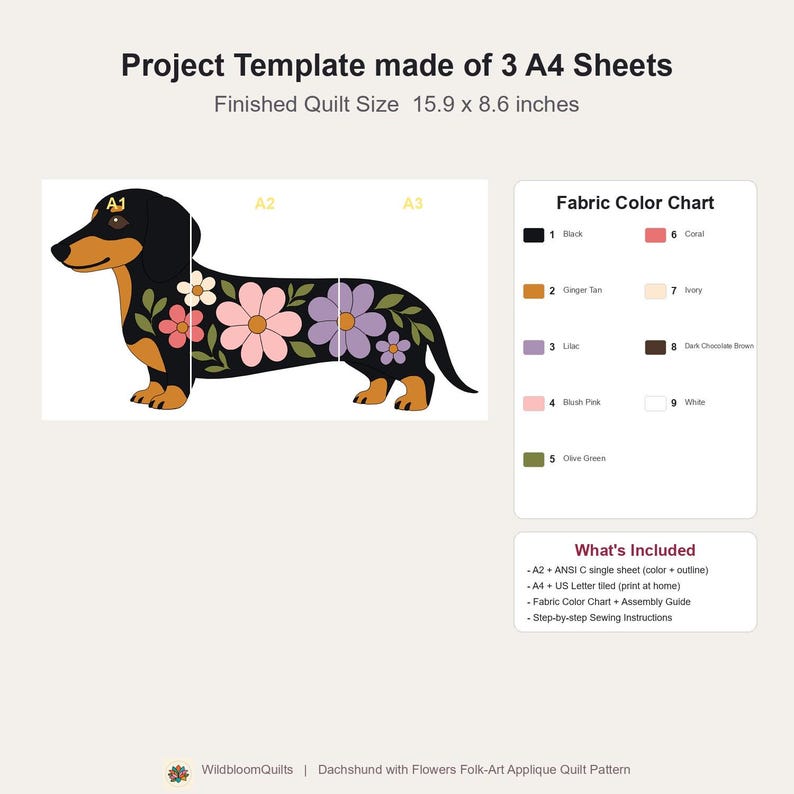 Dachshund Quilt Pattern, Dog Wall Hanging Quilt Pattern PDF, Easy Floral Applique Quilt for Beginners, Doxie Gift, Raw Edge Fusible Applique image 5