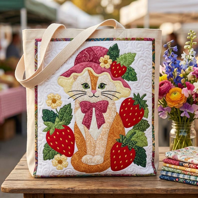 Strawberry Cat Quilt Pattern, Raw Edge Fusible Applique, Cat Quilt Pattern PDF, Patchwork Wall Hanging, Folk Art Quilt Template image 15