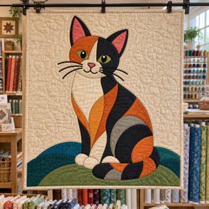 Calico Cat Quilt Pattern, Applique & Collage Quilt, Cat Quilt Pattern PDF, Patchwork Wall Hanging, Folk Art Quilt Template image 4