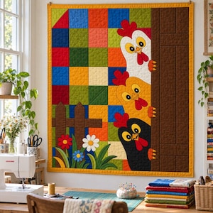 Padrão de colcha "Galinhas Espiando", aplique termocolante com borda crua, padrão de colcha de animais em PDF, tapeçaria de parede em patchwork, colcha de fazenda em estilo folk. imagem 8
