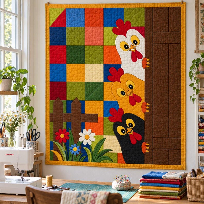 Padrão de colcha "Galinhas Espiando", aplique termocolante com borda crua, padrão de colcha de animais em PDF, tapeçaria de parede em patchwork, colcha de fazenda em estilo folk. imagem 8