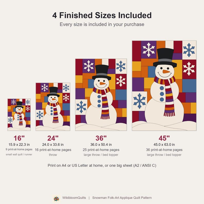Snowman Quilt Pattern, Raw Edge Fusible Applique, Christmas Quilt Pattern PDF, Patchwork Wall Hanging, Folk Art Winter Template image 3