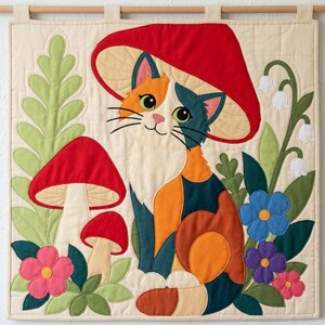 猫とキノコのキルトパターン、切りっぱなしの接着芯アップリケPDF、キャリコ猫キルトパターン、パッチワーク壁掛け、フォークアートキルトテンプレート 画像 11