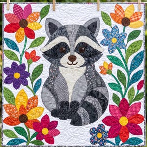Raccoon Quilt Pattern, Raw Edge Fusible Applique, Animal Quilt Pattern PDF, Patchwork Wall Hanging, Folk Art Quilt Template image 11