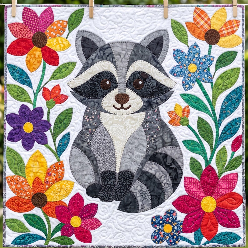 Raccoon Quilt Pattern, Raw Edge Fusible Applique, Animal Quilt Pattern PDF, Patchwork Wall Hanging, Folk Art Quilt Template image 11
