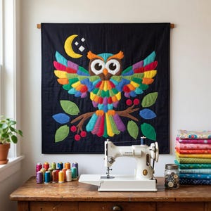 May include: A square wall hanging featuring a colorful owl appliqué on a black background. The owl has large white eyes, orange accents, and multi-colored wings. A yellow crescent moon and white stars are above, with a brown branch and green leaves below.