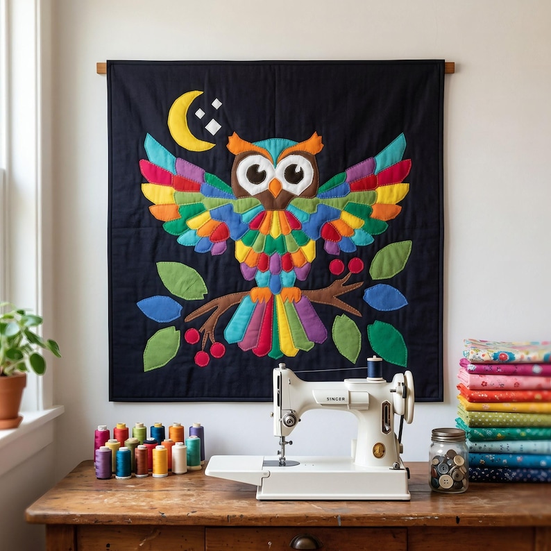 Owl Quilt Pattern, Owl Wall Hanging Quilt Pattern PDF, Easy Applique Quilt for Beginners, Woodland Wall Quilt, Raw Edge Fusible Applique image 1