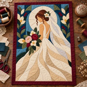 Bride Quilt Pattern, Applique & Collage Quilt, Wedding Quilt Pattern PDF, Patchwork Wall Hanging, Folk Art Quilt Template image 2