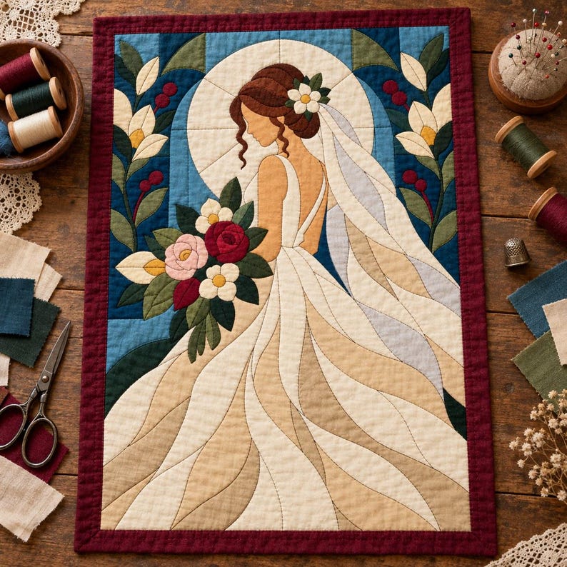 Bride Quilt Pattern, Applique & Collage Quilt, Wedding Quilt Pattern PDF, Patchwork Wall Hanging, Folk Art Quilt Template image 2