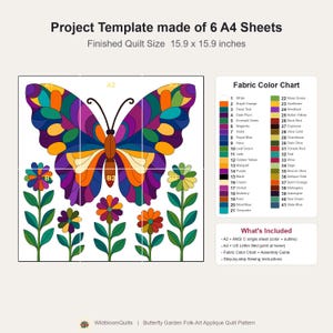 Butterfly Garden Quilt Pattern, Raw Edge Fusible Applique PDF, Folk Art Animal Quilt, Patchwork Wall Hanging Template image 16