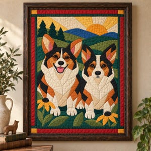 Puede incluir: Un tapiz de tela acolchada enmarcado que muestra dos perros Corgi tricolores sentados en un campo de hierba con flores amarillas. El fondo presenta colinas verdes, pinos de color verde oscuro y un sol amarillo brillante.
