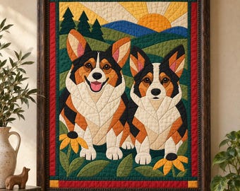 Patrón de edredón para pareja de Corgi, edredón de perros con apliques y collage, patrón de edredón de animales en PDF, tapiz de pared de patchwork, plantilla de edredón de arte popular