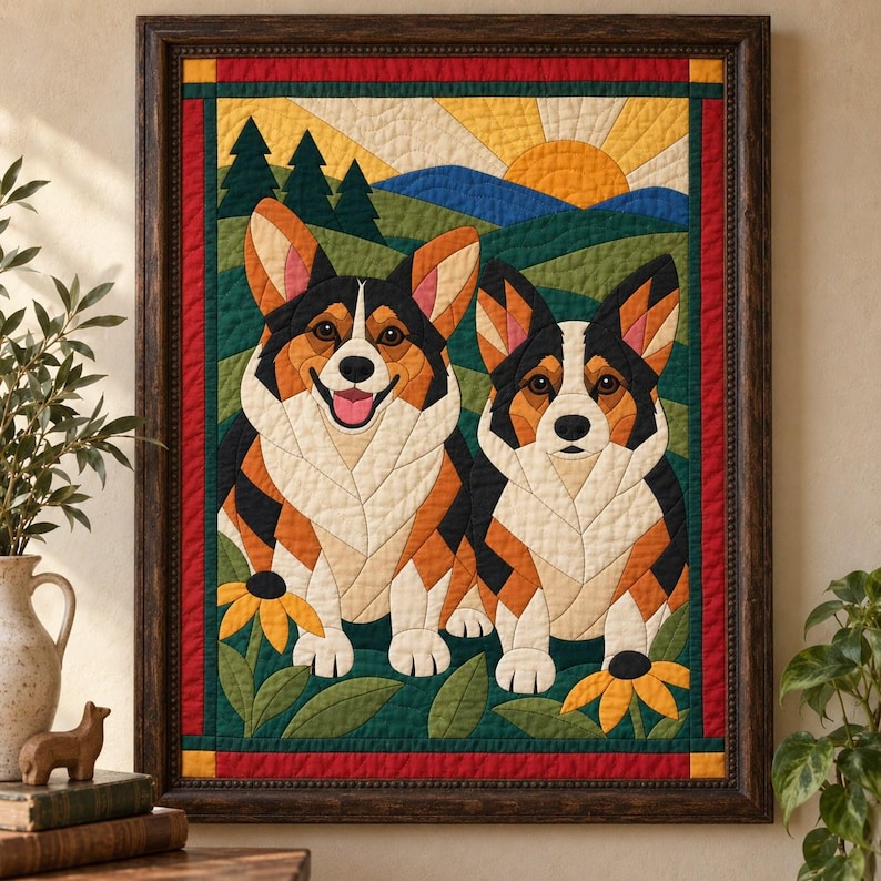 Corgi Pair Quilt Pattern, Applique & Collage Dog Quilt, Animal Quilt Pattern PDF, Patchwork Wall Hanging, Folk Art Quilt Template image 1