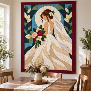 Bride Quilt Pattern, Applique & Collage Quilt, Wedding Quilt Pattern PDF, Patchwork Wall Hanging, Folk Art Quilt Template image 6