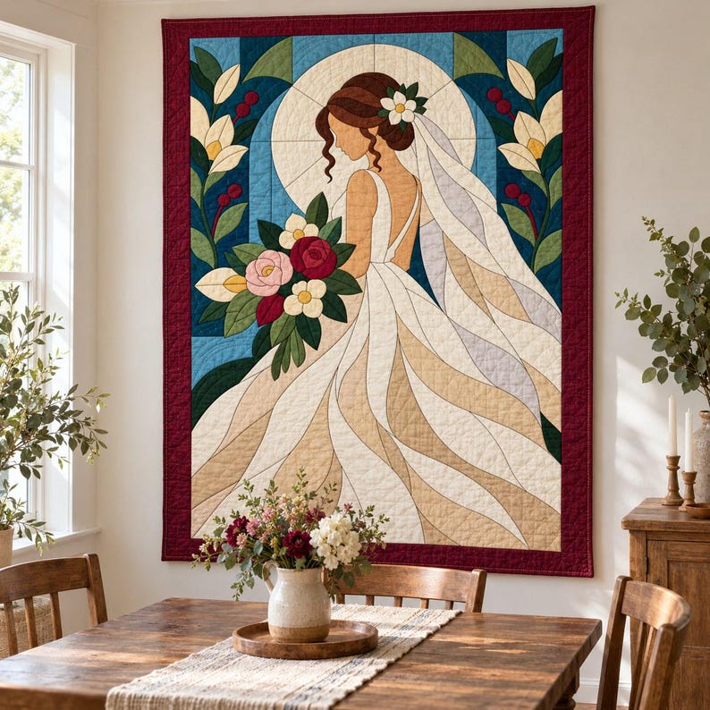 Bride Quilt Pattern, Applique & Collage Quilt, Wedding Quilt Pattern PDF, Patchwork Wall Hanging, Folk Art Quilt Template image 6