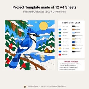 Blue Jay Quilt Pattern, Applique & Collage Quilt, Winter Bird Quilt Pattern PDF, Patchwork Wall Hanging, Folk Art Quilt Template image 14